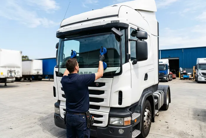 A technician fitting a new windscreen to a truck cab in a fleet yard