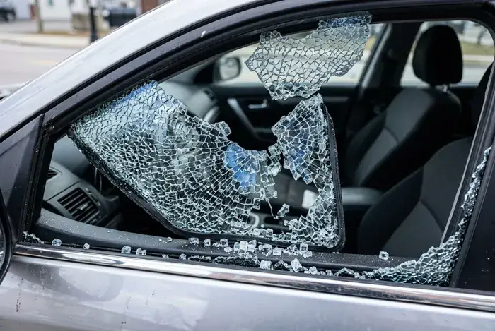 A shattered car side window awaiting replacement